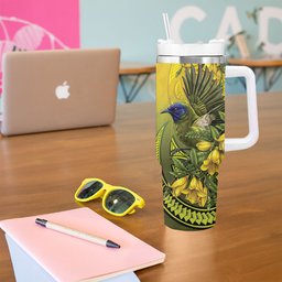 New Zealand Bellbird Tumbler With Handle With Kowhai Flowers