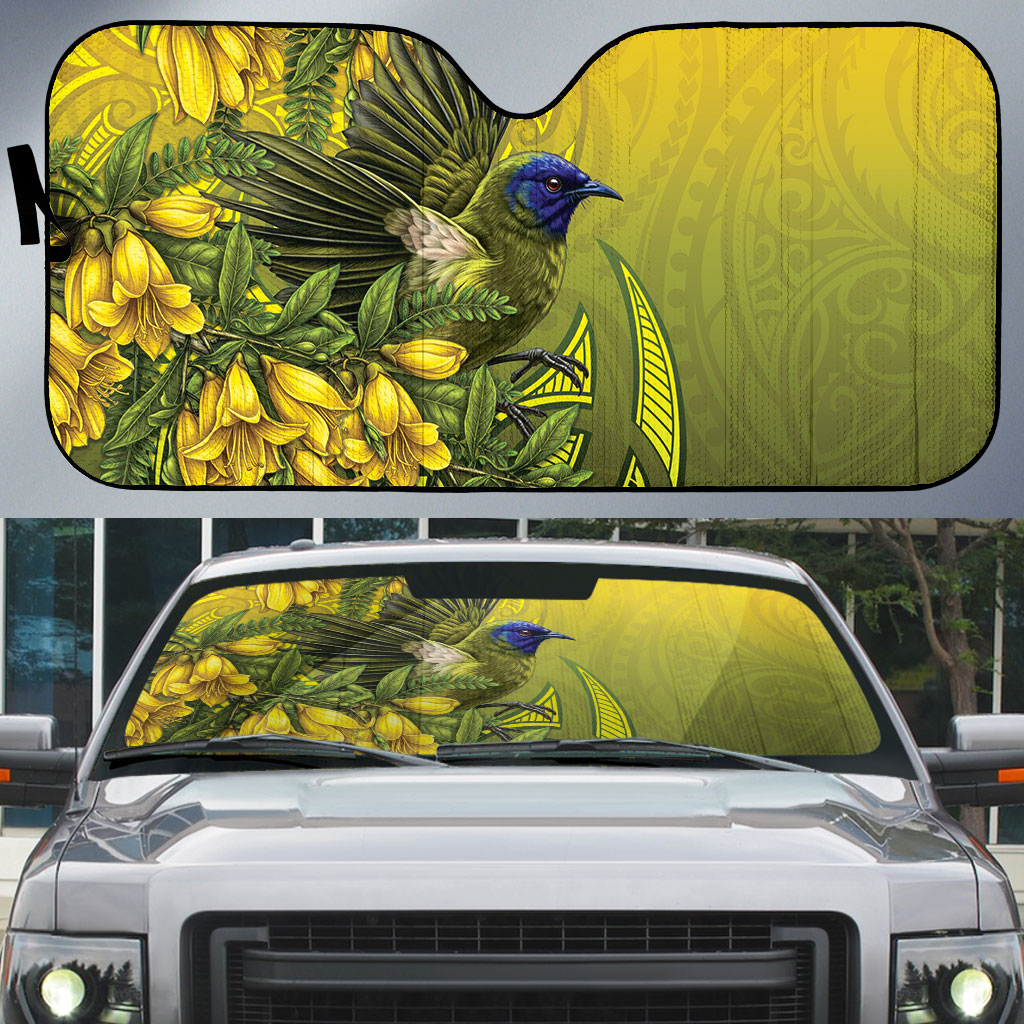 New Zealand Bellbird Auto Sun Shade With Kowhai Flowers