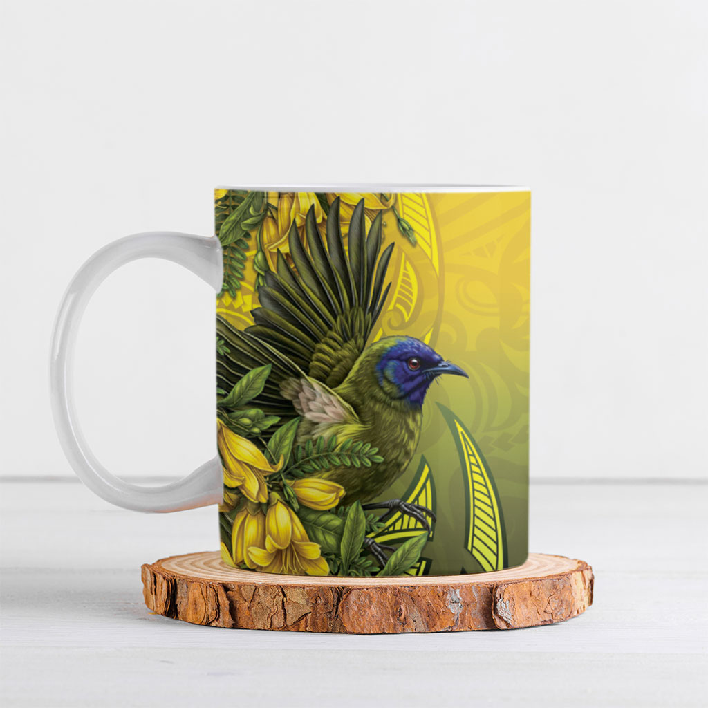 New Zealand Bellbird Ceramic Mug With Kowhai Flowers