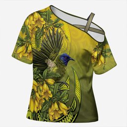New Zealand Bellbird Cross Shoulder Shirt With Kowhai Flowers