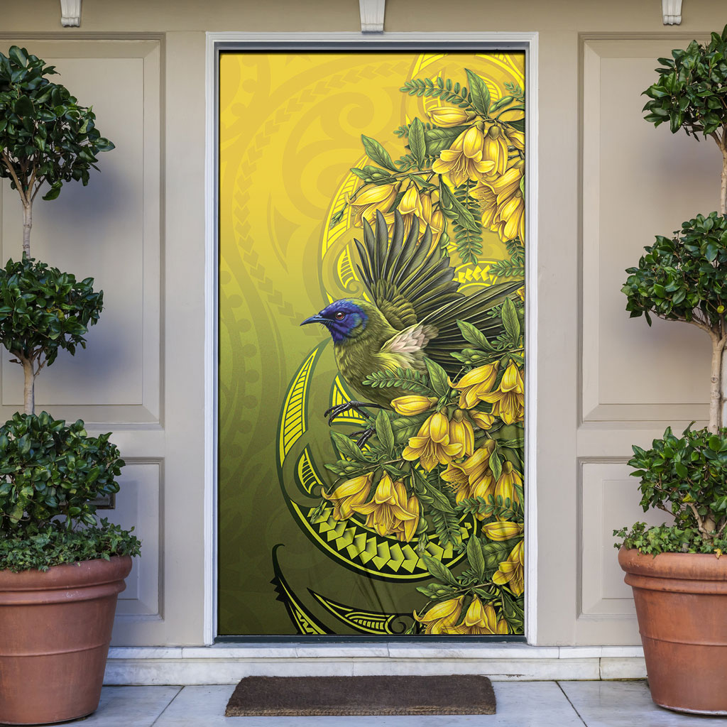 New Zealand Bellbird Door Cover With Kowhai Flowers