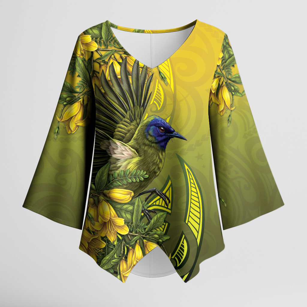 New Zealand Bellbird Kimono Sleeve Blouse With Kowhai Flowers