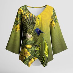New Zealand Bellbird Kimono Sleeve Blouse With Kowhai Flowers