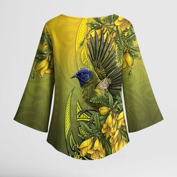 New Zealand Bellbird Kimono Sleeve Blouse With Kowhai Flowers