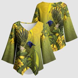 New Zealand Bellbird Kimono Sleeve Blouse With Kowhai Flowers