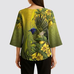New Zealand Bellbird Kimono Sleeve Blouse With Kowhai Flowers