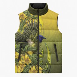 New Zealand Bellbird Sleeveless Puffer Jacket With Kowhai Flowers