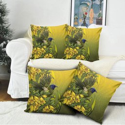 New Zealand Bellbird Pillow Cover With Kowhai Flowers