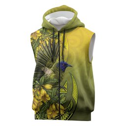 New Zealand Bellbird Sleeveless Zip Hoodie With Kowhai Flowers