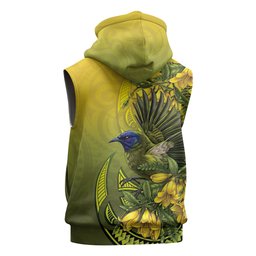 New Zealand Bellbird Sleeveless Zip Hoodie With Kowhai Flowers