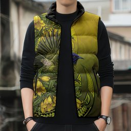 New Zealand Bellbird Sleeveless Puffer Jacket With Kowhai Flowers