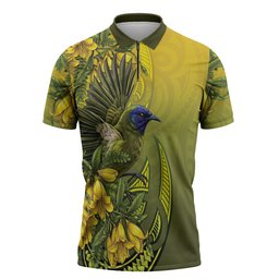 New Zealand Bellbird Zipper Polo Shirt With Kowhai Flowers