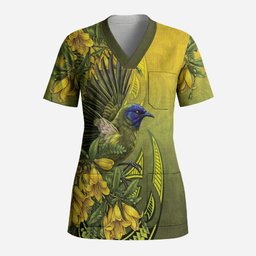 New Zealand Bellbird Scrub Top With Kowhai Flowers