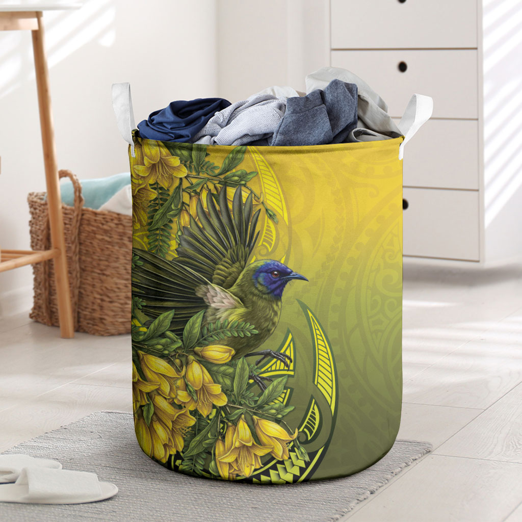 New Zealand Bellbird Laundry Basket With Kowhai Flowers