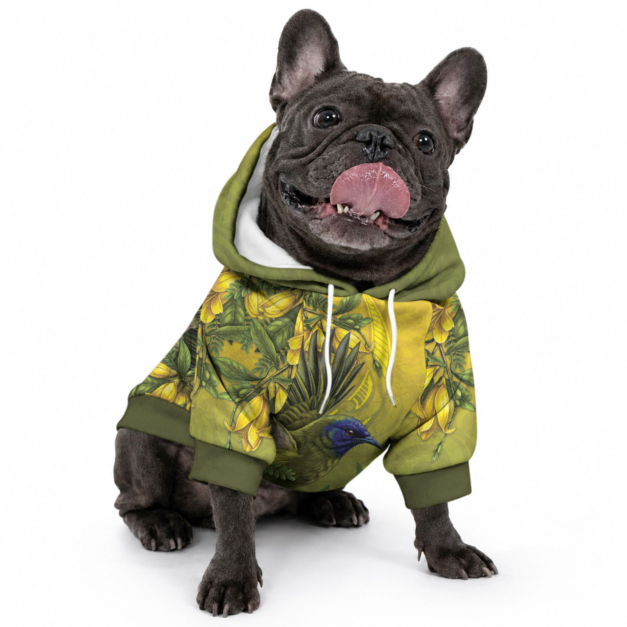 New Zealand Bellbird Pet Hoodie With Kowhai Flowers