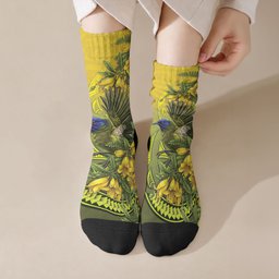 New Zealand Bellbird Crew Socks With Kowhai Flowers