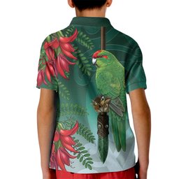 New Zealand Parakeet Bird Kid Polo Shirt With Kakabeak Flowers