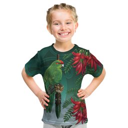 New Zealand Parakeet Bird Kid T Shirt With Kakabeak Flowers