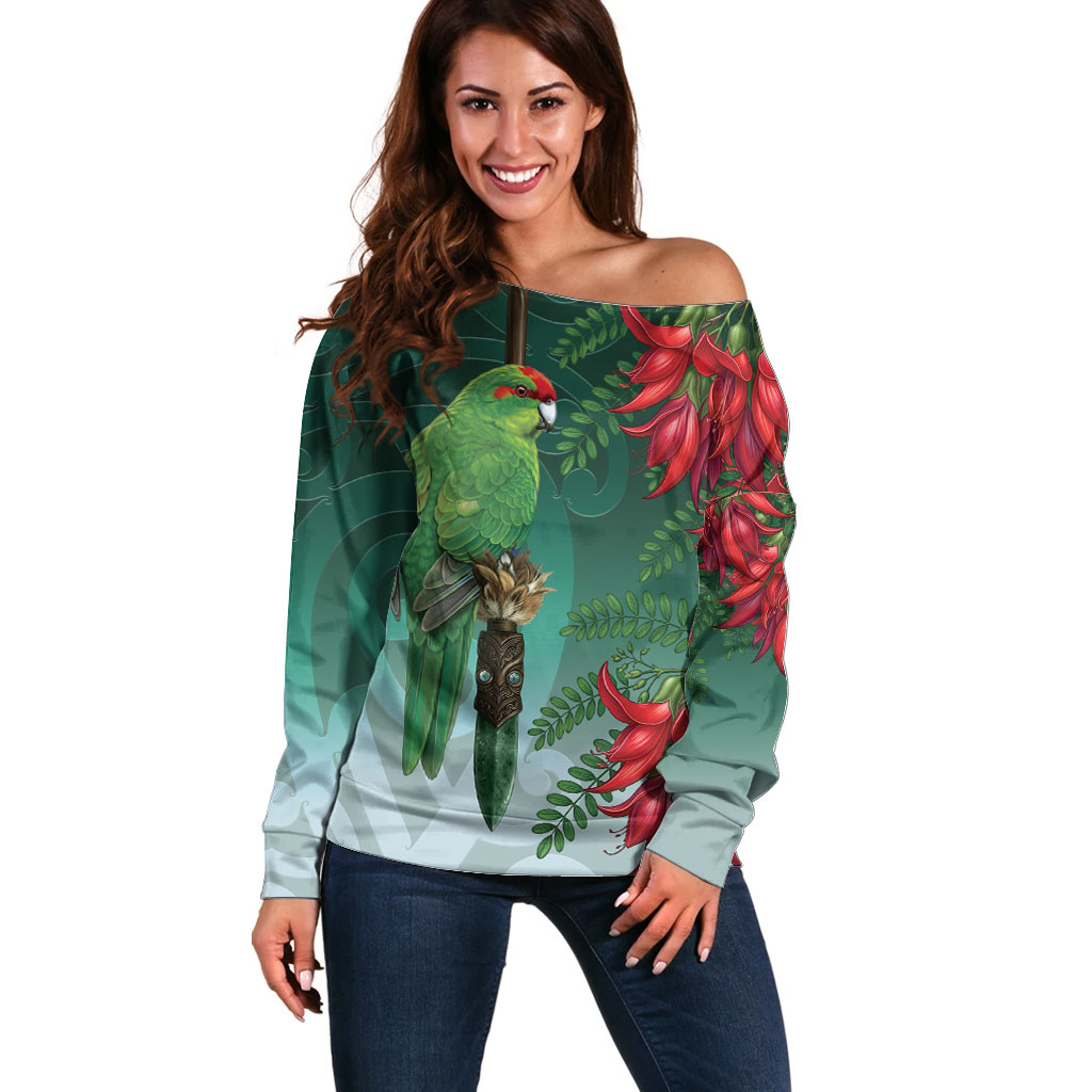New Zealand Parakeet Bird Off Shoulder Sweater With Kakabeak Flowers