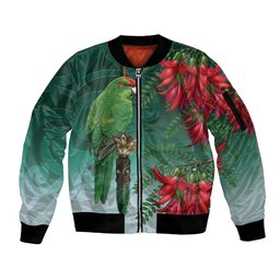 New Zealand Parakeet Bird Sleeve Zip Bomber Jacket With Kakabeak Flowers