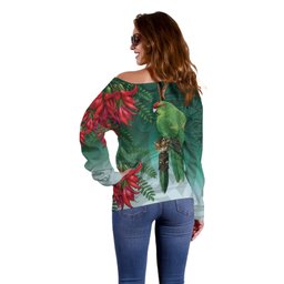 New Zealand Parakeet Bird Off Shoulder Sweater With Kakabeak Flowers