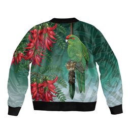 New Zealand Parakeet Bird Sleeve Zip Bomber Jacket With Kakabeak Flowers