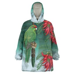 New Zealand Parakeet Bird Wearable Blanket Hoodie With Kakabeak Flowers