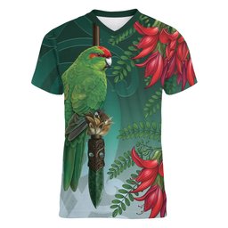 New Zealand Parakeet Bird Women V-Neck T-Shirt With Kakabeak Flowers