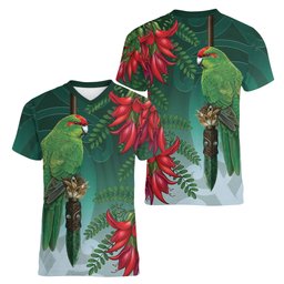 New Zealand Parakeet Bird Women V-Neck T-Shirt With Kakabeak Flowers