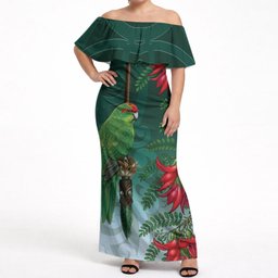 New Zealand Parakeet Bird Off Shoulder Maxi Dress With Kakabeak Flowers