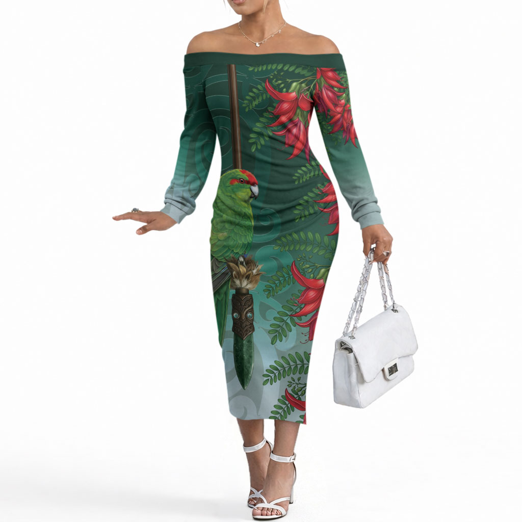 New Zealand Parakeet Bird Off The Shoulder Long Sleeve Dress With Kakabeak Flowers