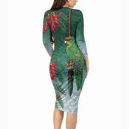 New Zealand Parakeet Bird Long Sleeve Bodycon Dress With Kakabeak Flowers