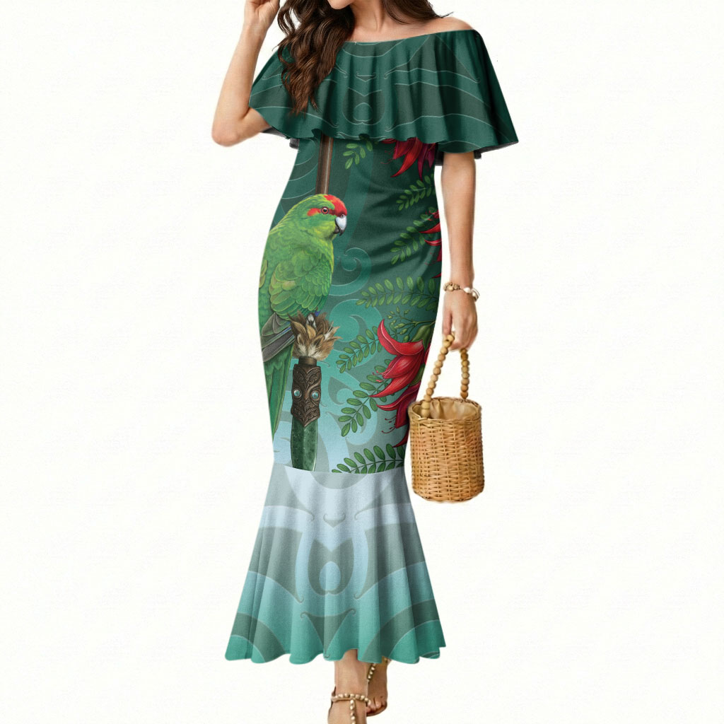 New Zealand Parakeet Bird Mermaid Dress With Kakabeak Flowers