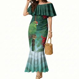 New Zealand Parakeet Bird Mermaid Dress With Kakabeak Flowers