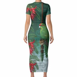 New Zealand Parakeet Bird Short Sleeve Bodycon Dress With Kakabeak Flowers