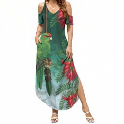 New Zealand Parakeet Bird Summer Maxi Dress With Kakabeak Flowers