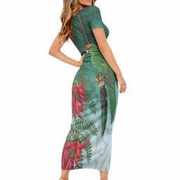 New Zealand Parakeet Bird Short Sleeve Bodycon Dress With Kakabeak Flowers