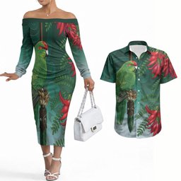 New Zealand Parakeet Bird Couples Matching Off The Shoulder Long Sleeve Dress and Hawaiian Shirt With Kakabeak Flowers