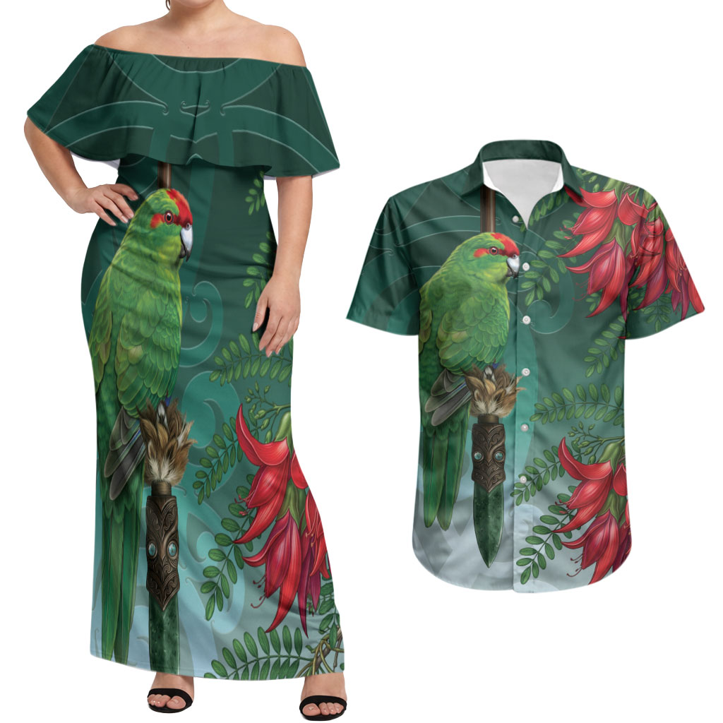 New Zealand Parakeet Bird Couples Matching Off Shoulder Maxi Dress and Hawaiian Shirt With Kakabeak Flowers