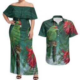 New Zealand Parakeet Bird Couples Matching Off Shoulder Maxi Dress and Hawaiian Shirt With Kakabeak Flowers