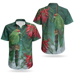 New Zealand Parakeet Bird Couples Matching Off Shoulder Short Dress and Hawaiian Shirt With Kakabeak Flowers