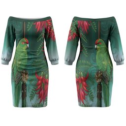 New Zealand Parakeet Bird Couples Matching Off The Shoulder Long Sleeve Dress and Hawaiian Shirt With Kakabeak Flowers