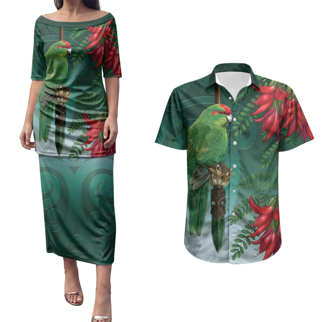 New Zealand Parakeet Bird Couples Matching Puletasi and Hawaiian Shirt With Kakabeak Flowers