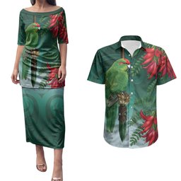 New Zealand Parakeet Bird Couples Matching Puletasi and Hawaiian Shirt With Kakabeak Flowers