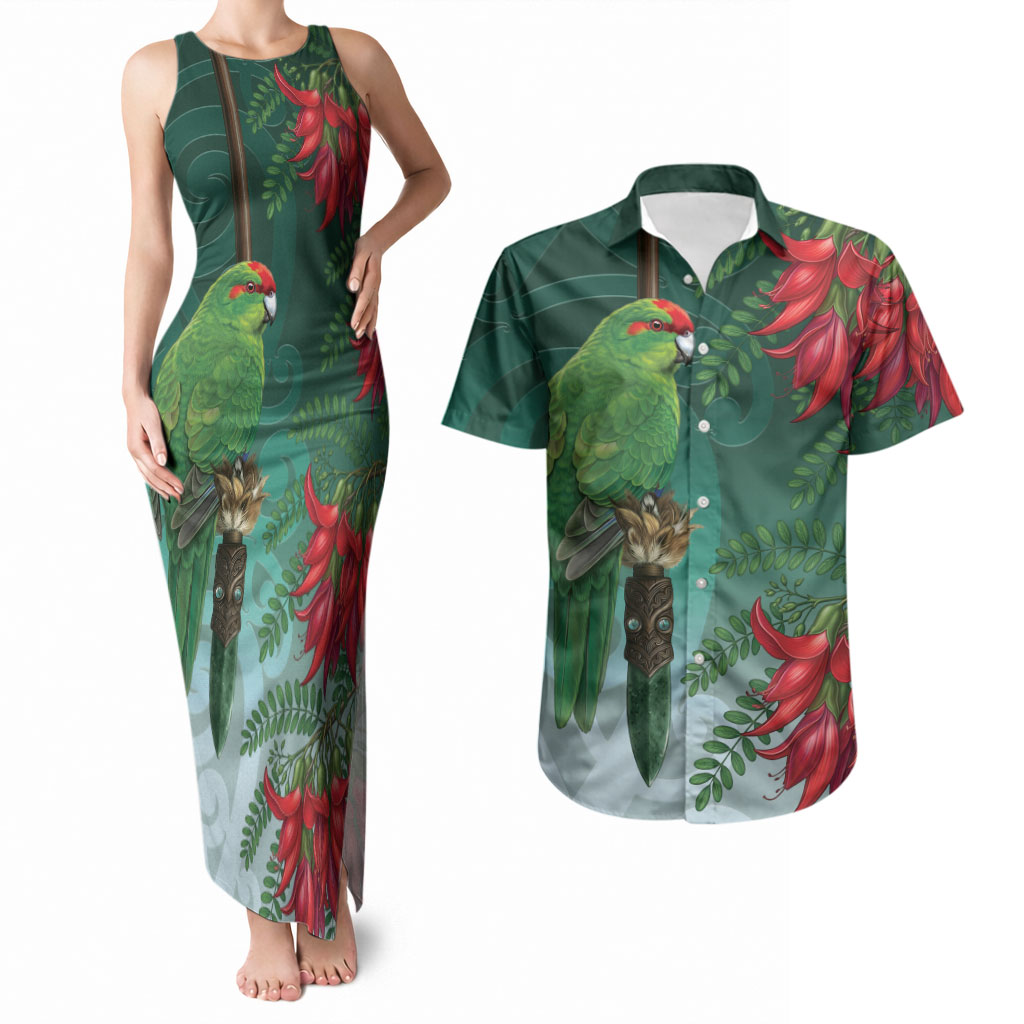 New Zealand Parakeet Bird Couples Matching Tank Maxi Dress and Hawaiian Shirt With Kakabeak Flowers