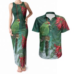 New Zealand Parakeet Bird Couples Matching Tank Maxi Dress and Hawaiian Shirt With Kakabeak Flowers