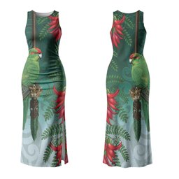 New Zealand Parakeet Bird Couples Matching Tank Maxi Dress and Hawaiian Shirt With Kakabeak Flowers