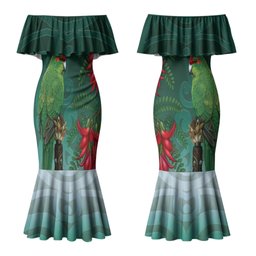 New Zealand Parakeet Bird Couples Matching Mermaid Dress and Hawaiian Shirt With Kakabeak Flowers