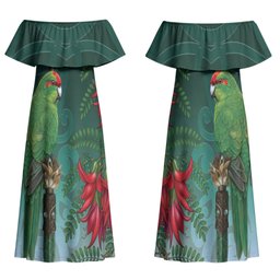 New Zealand Parakeet Bird Couples Matching Off Shoulder Maxi Dress and Long Sleeve Button Shirt With Kakabeak Flowers