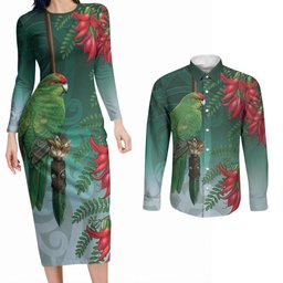 New Zealand Parakeet Bird Couples Matching Long Sleeve Bodycon Dress and Long Sleeve Button Shirt With Kakabeak Flowers